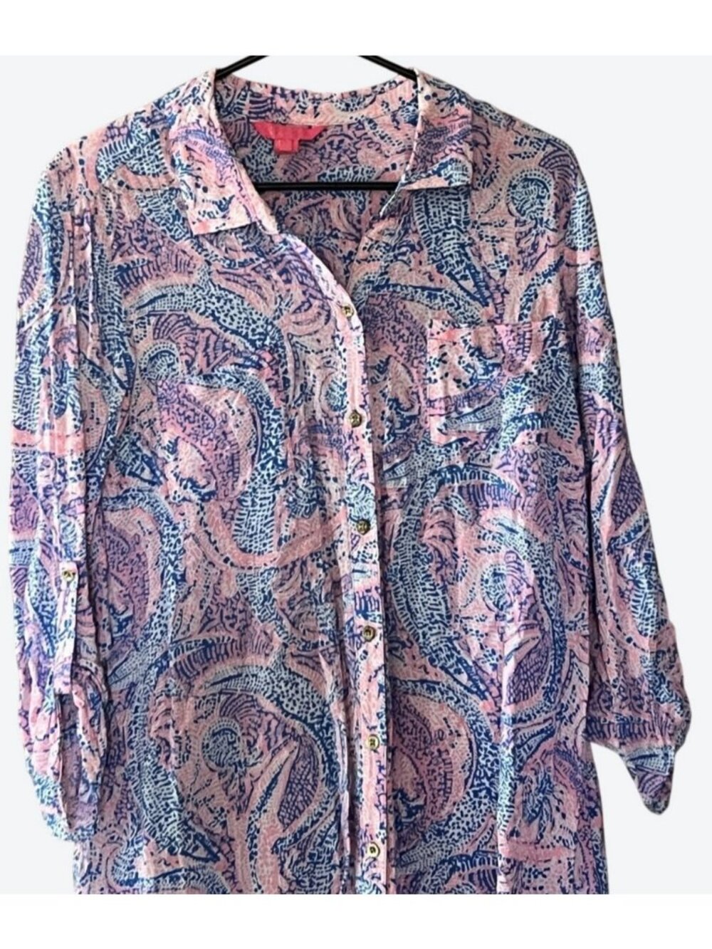 Lilly Pulitzer Women's Medium 3/4 Sleeve Geometric Button Front Blouse Pink Blue - Picture 2 of 7